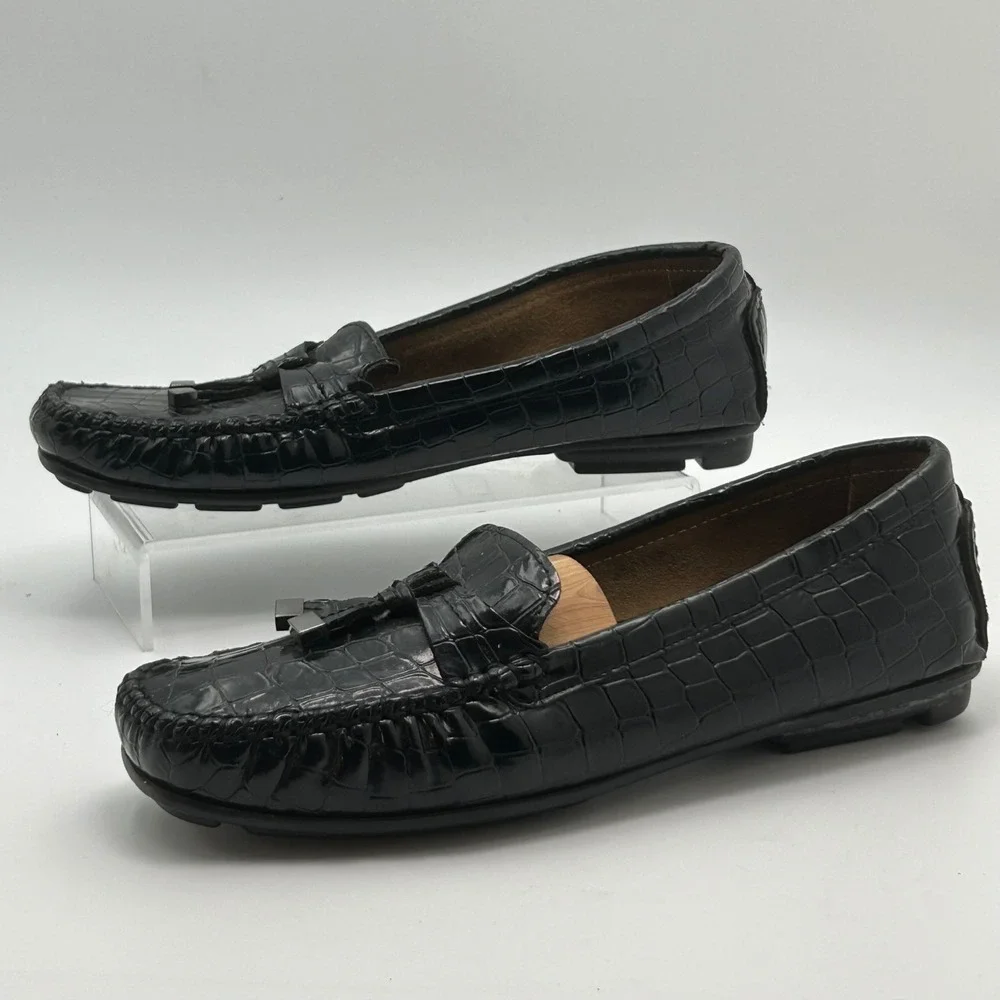 VTG St Johns Bay Loafers Women 8.5 Black Croc Embossed Tassel Driving Mocs Prepp